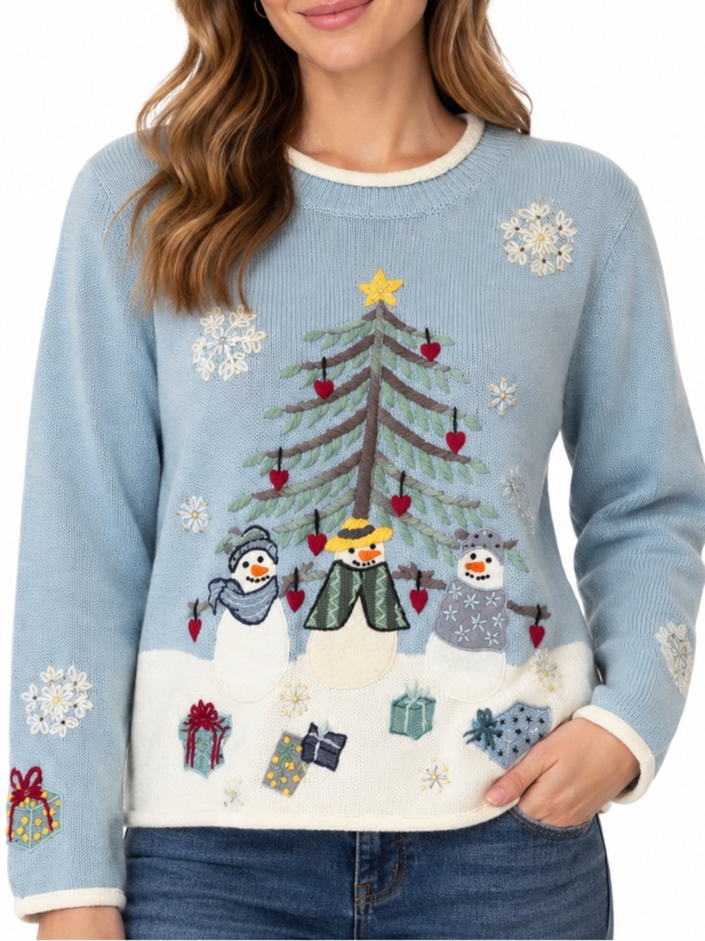 Arriviste Christmas Sweater Women’s L Snowman Tree Ramie Cotton Holiday